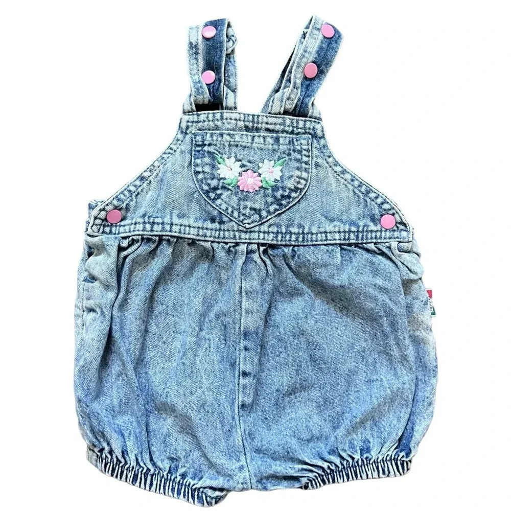 Vintage‎ Jerrett Denim Embroidered Bubble Bib Overall Romper 12 Months